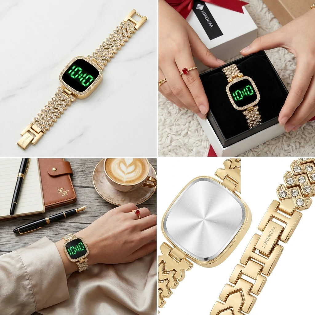 Diamond Studded Square Dial Touch Screen LED Digital Watch