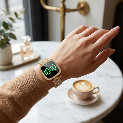 Diamond Studded Square Dial Touch Screen LED Digital Watch